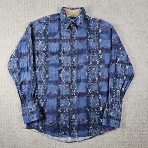 Wrangler Western Mens M Aztec Western Pearl‎ Snap Shirt Long Sleeve VTG Blue